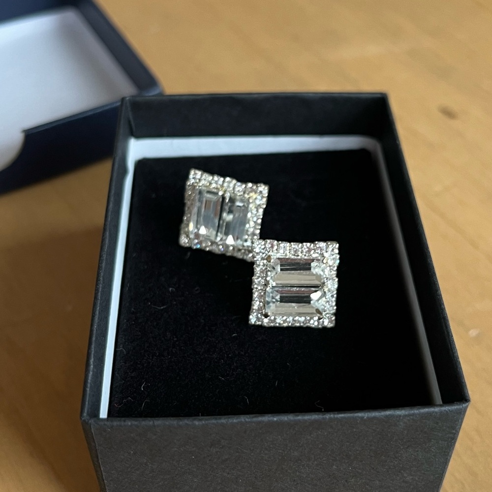 Clear Emerald Cut and Round Faceted Rhinestone Earrings on a Silver Tone Setting